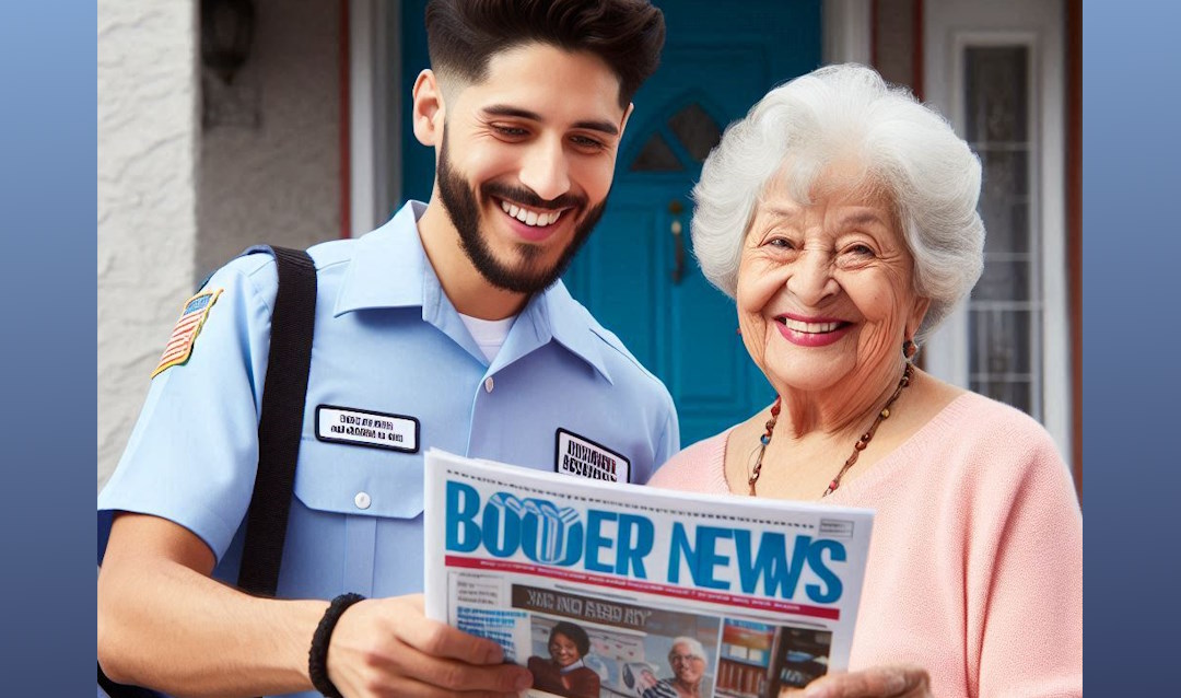 mail carrier giving newsletter to an older lady